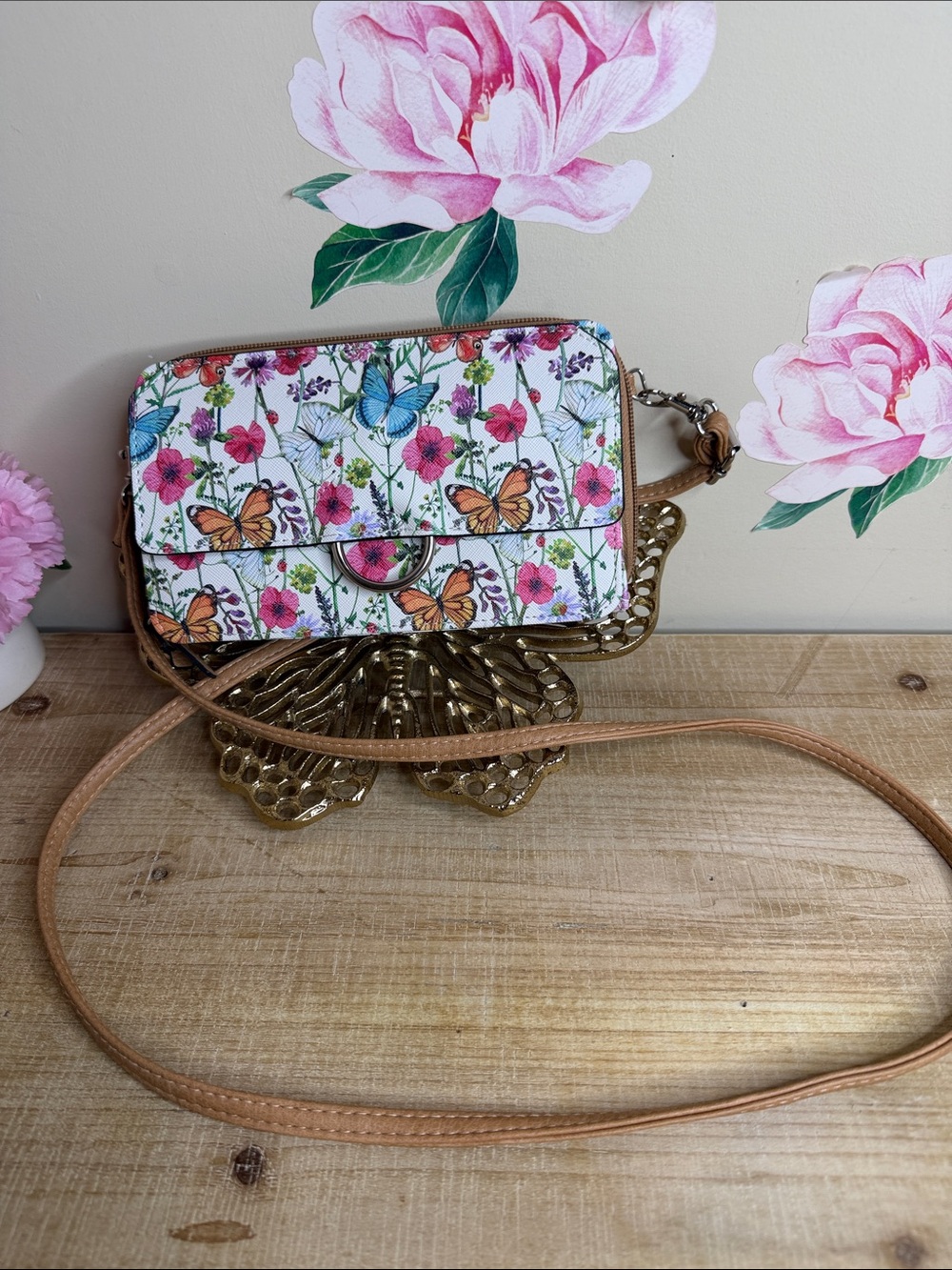 Bueno Floral & Butterfly Crossbody - White, Pink, Tan - Picture 2 of 8